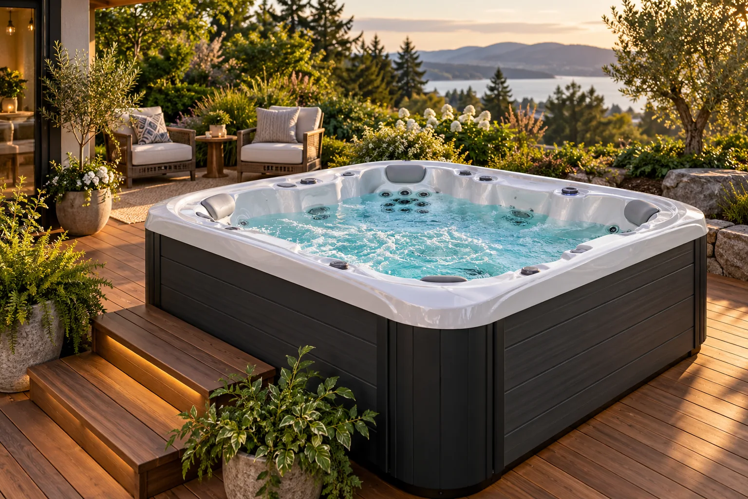 Spa de hidromasaje en una terraza rodeada de vegetación